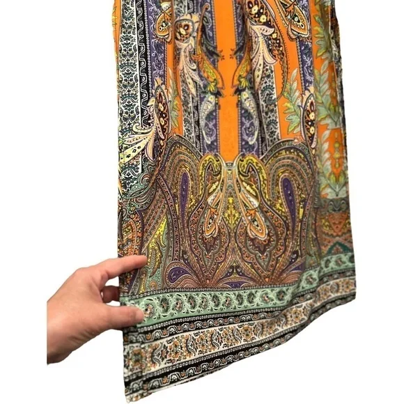 Tyche Maxi Skirt. Floral Paisley Stripes Slits on Sides, Orange, Purple. Large. - Picture 15 of 16